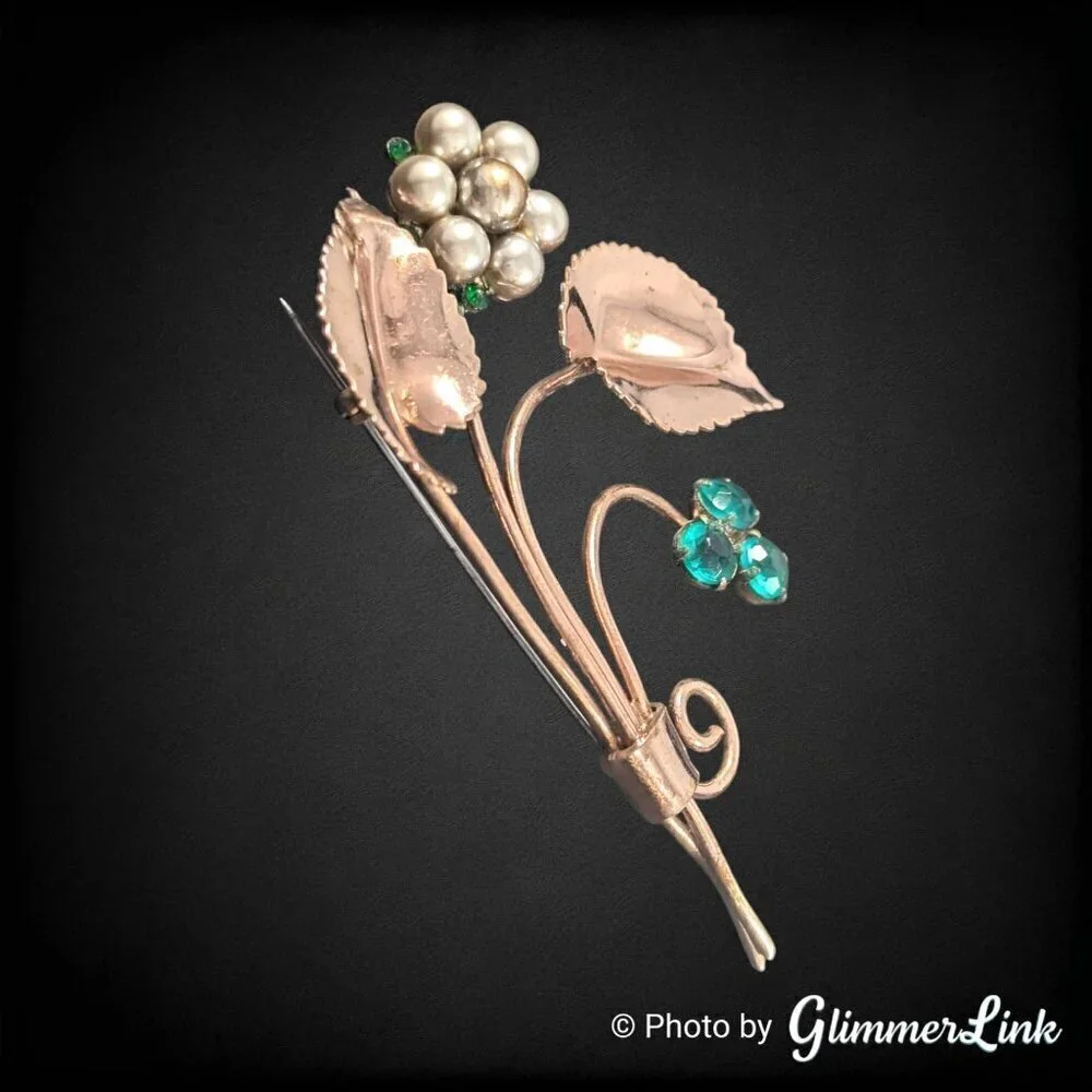 Vintage Rose Gold Tone Floral Spray Brooch Faux Pearl Green Rhinestone 1940s 50s